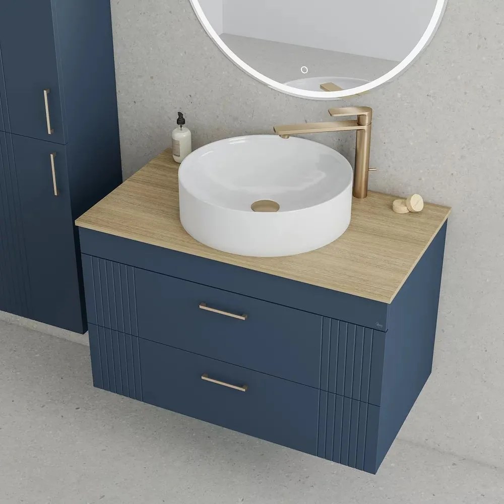 Set dulap baza suspendat bleumarin cu 2 sertare Drop Lines Athena si blat Honey Oak 80 cm