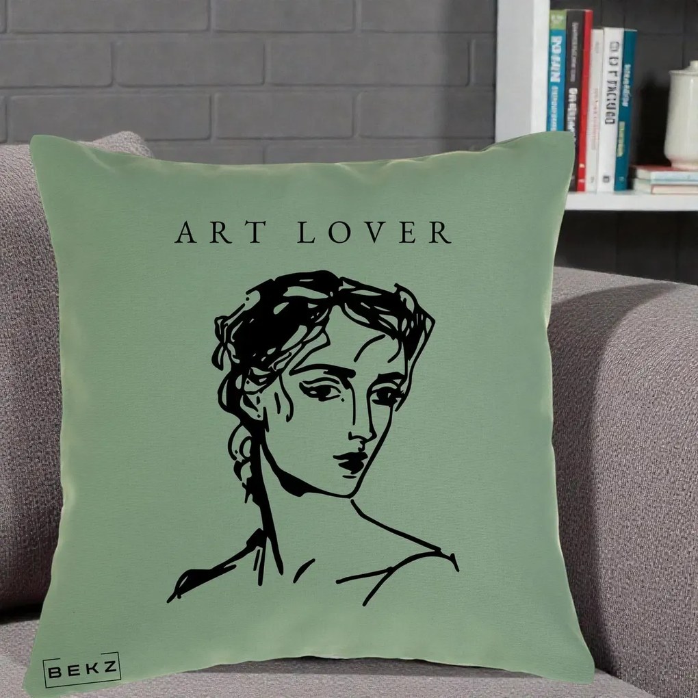 Perna Decorativa Art Lover Portret Grafic, 40x40 cm, Verde, Husa Detasabila, Perna Inclusa, BEKZ®