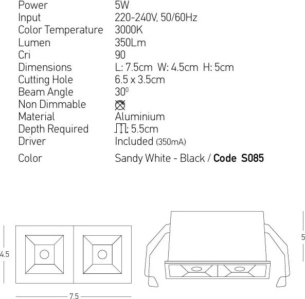 Corp incastrabil cu 2 spoturi LED Sandy White