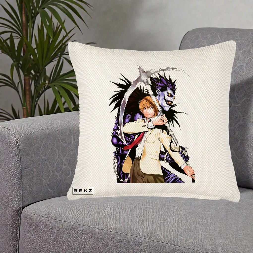 Perna Personalizata Death Note Light si Ryuk Duo, 40x40 cm, Crem Reliefat, Husa Detasabila, Perna Inclusa, BEKZ®