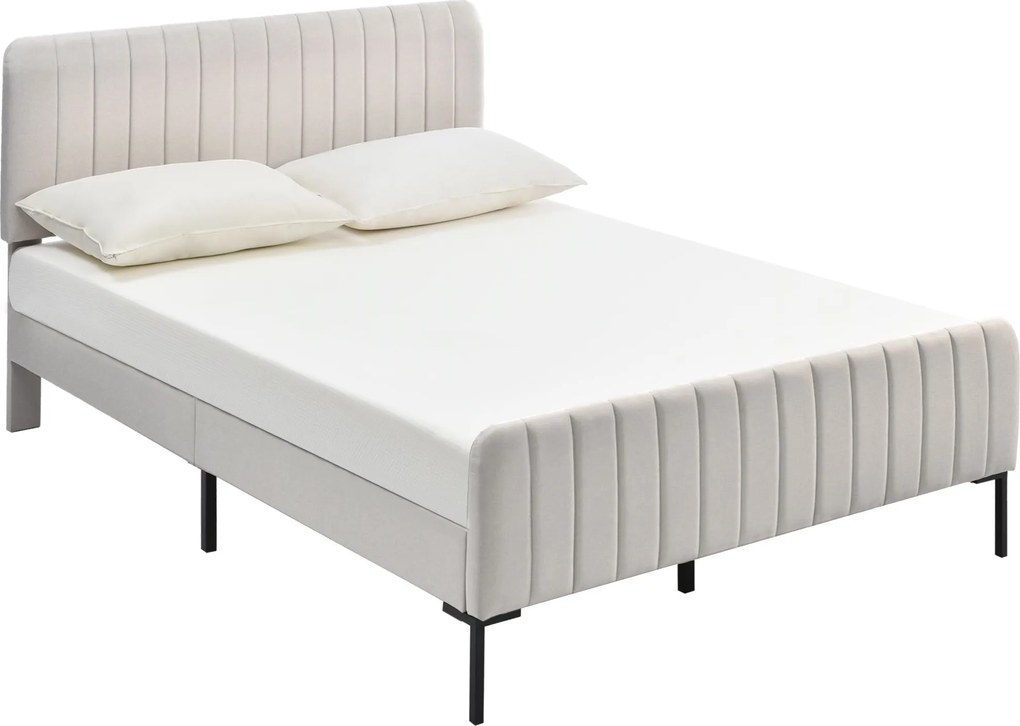 Pat dublu tapițat din țesătură de in 160x200 cm, cu tăblie reglabilă și somieră cu lamele, fără saltea, Gri+Bej