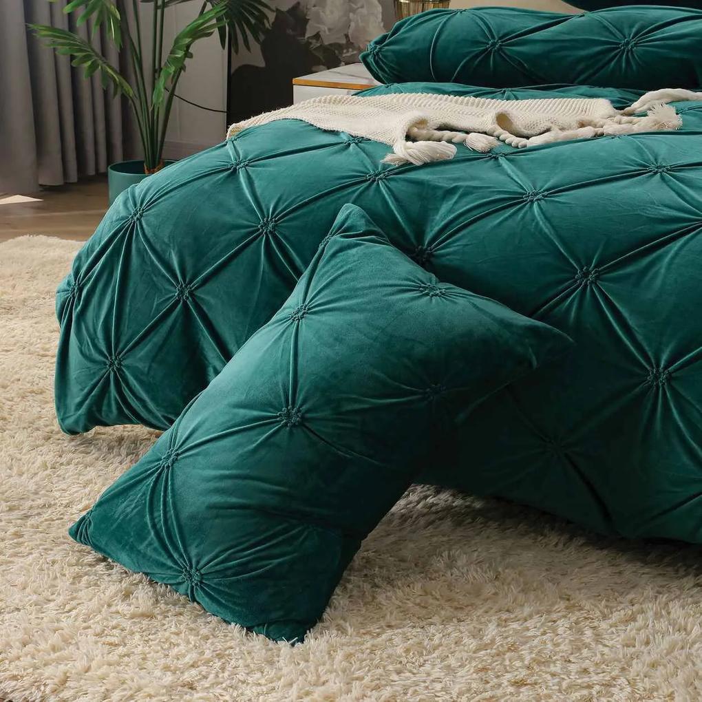 Lenjerie de pat din catifea, cu pliuri, 4 piese, pat 2 persoane, verde, LCPJ-02