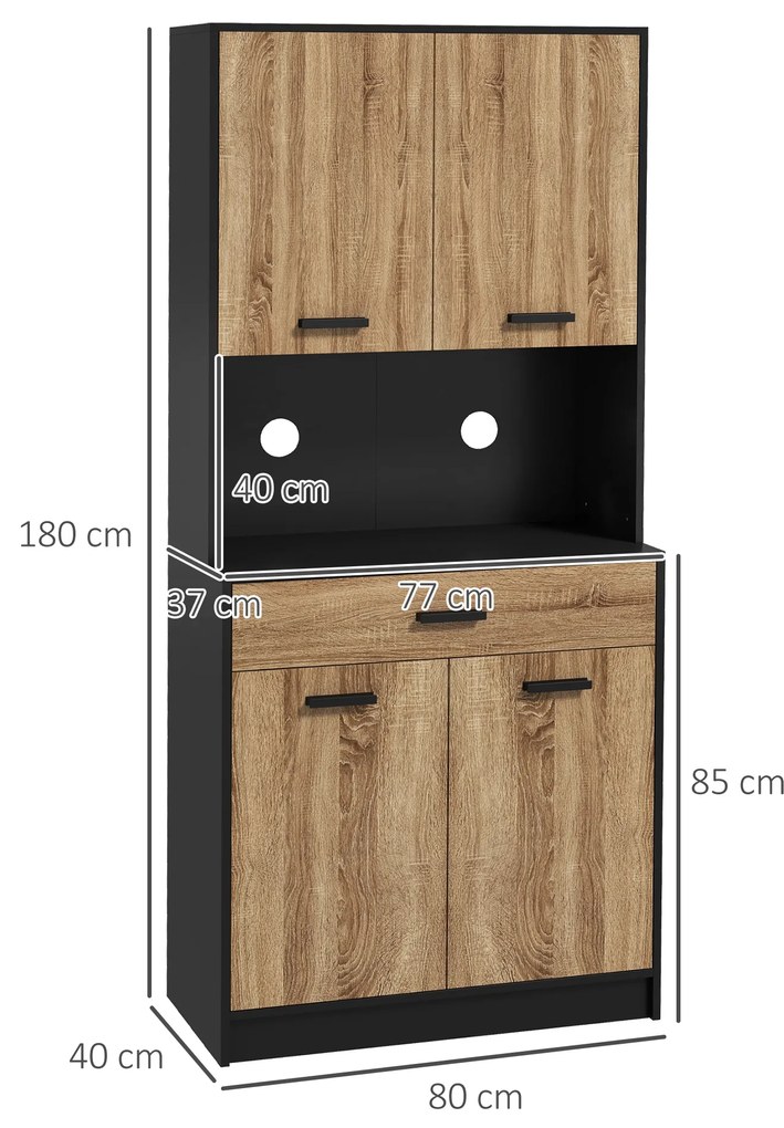 HOMCOM Dulap de bucătărie din lemn cu 2 dulapuri cu 2 uși și sertar, 80x40x180 cm, negru și culoare lemn | Aosom Romania