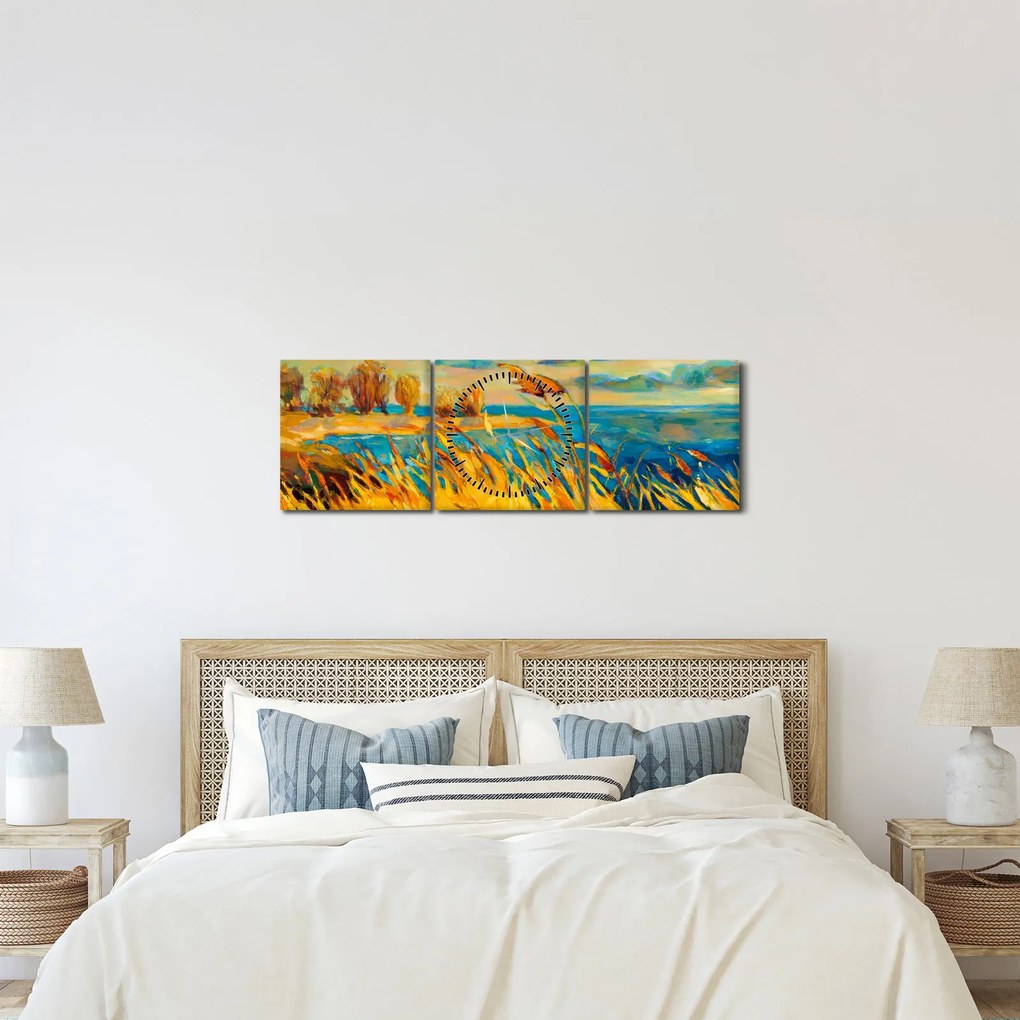 Tablou - Apus de soare peste lac, pictură acrilică (cu ceas) (90x30 cm)