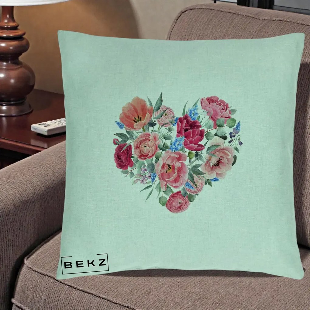 Perna Decorativa Inima din Bujori Acuarela, 40x40 cm, Verde Menta, Husa Detasabila, Perna Inclusa, BEKZ®