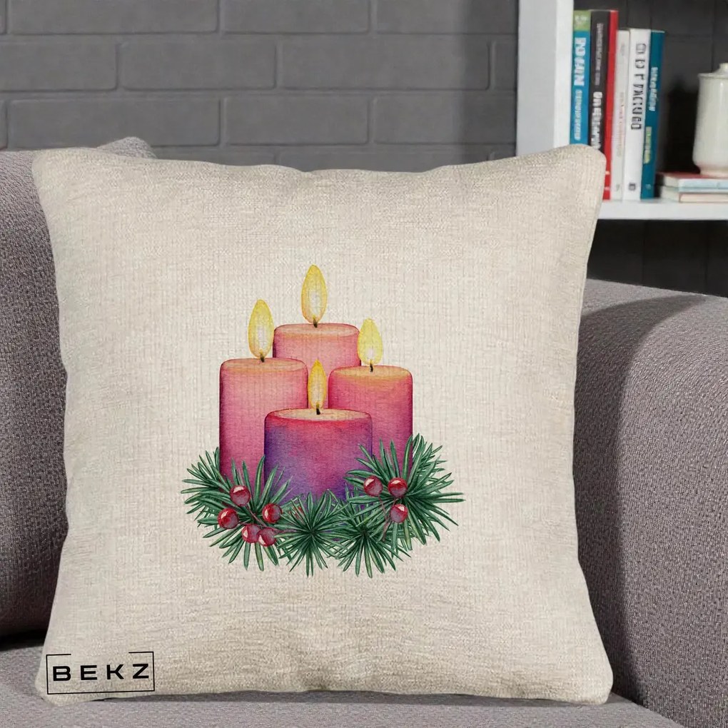Perna Decorativa Lumanari Advent Roz-Violet, 40x40 cm, Bej Canapea, Husa Detasabila, Perna Inclusa, BEKZ®