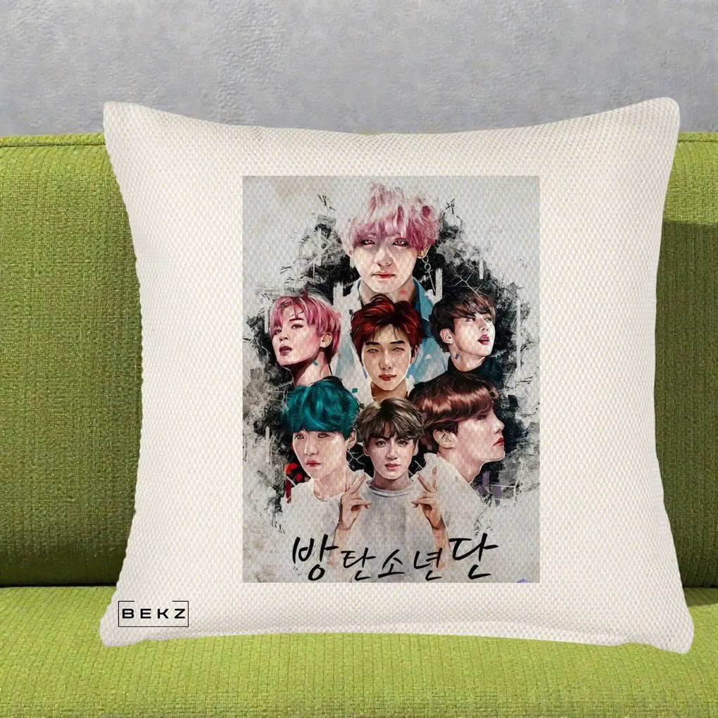 Perna Personalizata K-pop BTS Bangtan Boys Poster Artistic Negru Alb, 40x40 cm, Crem Reliefat, Husa Detasabila, Perna Inclusa, BEKZ®