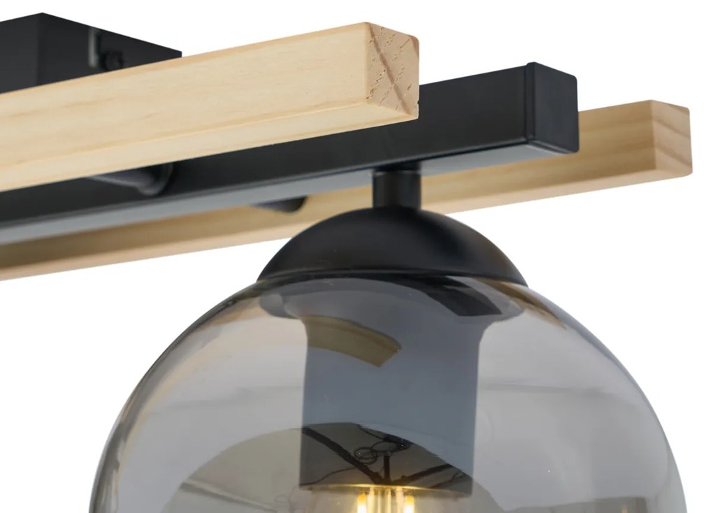 Plafonieră modernă neagră cu lemn și sticlă fumurie cu 3 lumini - Aleks