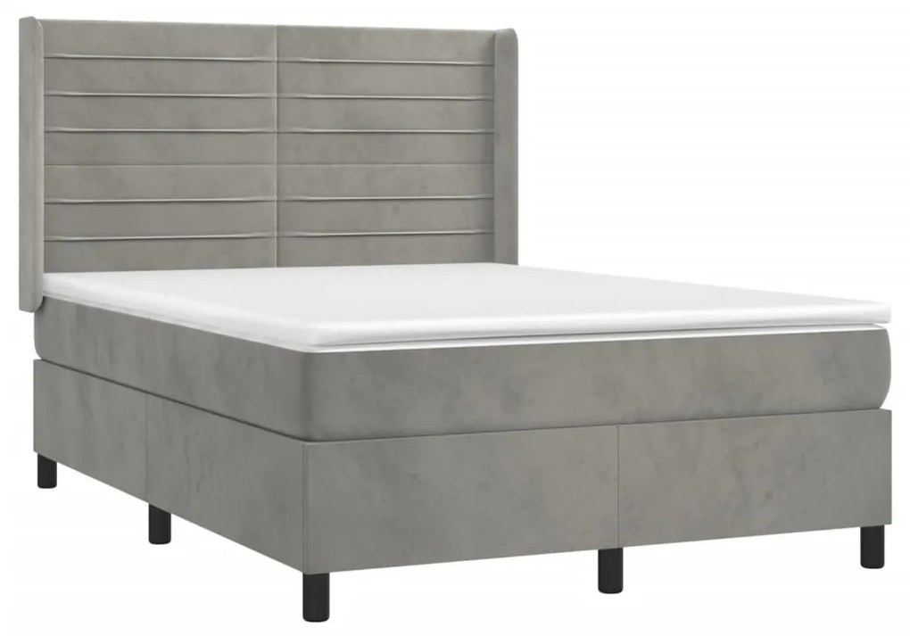 Pat box spring cu saltea, gri deschis, 140x200 cm, catifea Gri deschis, 140 x 200 cm, Benzi orizontale