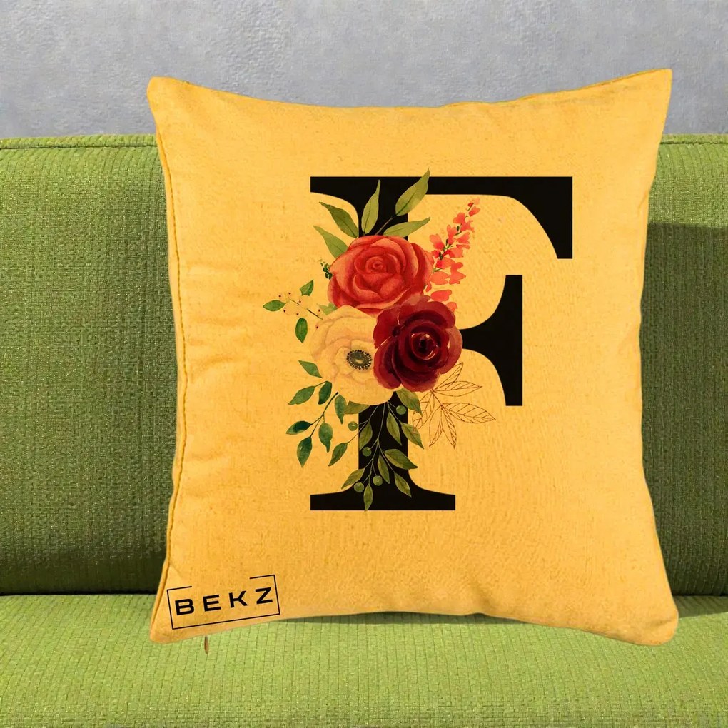 Cadou Personalizat - Perna Personalizata Monograma Florala Litera F, 40x40 cm, Galben, Husa Detasabila, Perna Inclusa, BEKZ®