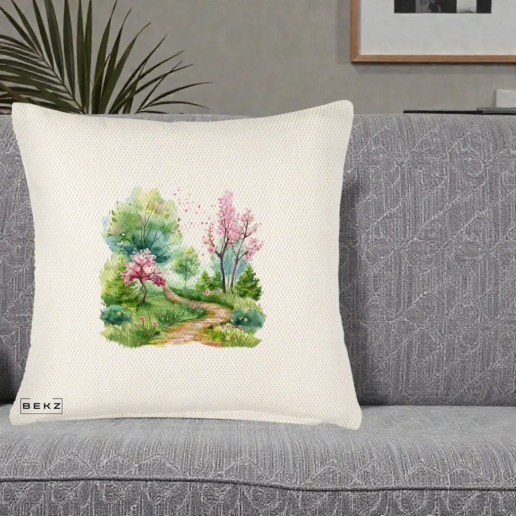 Perna Decorativa Gradina Primavara Acuarela, 40x40 cm, Crem Reliefat, Husa Detasabila, Perna Inclusa, BEKZ®