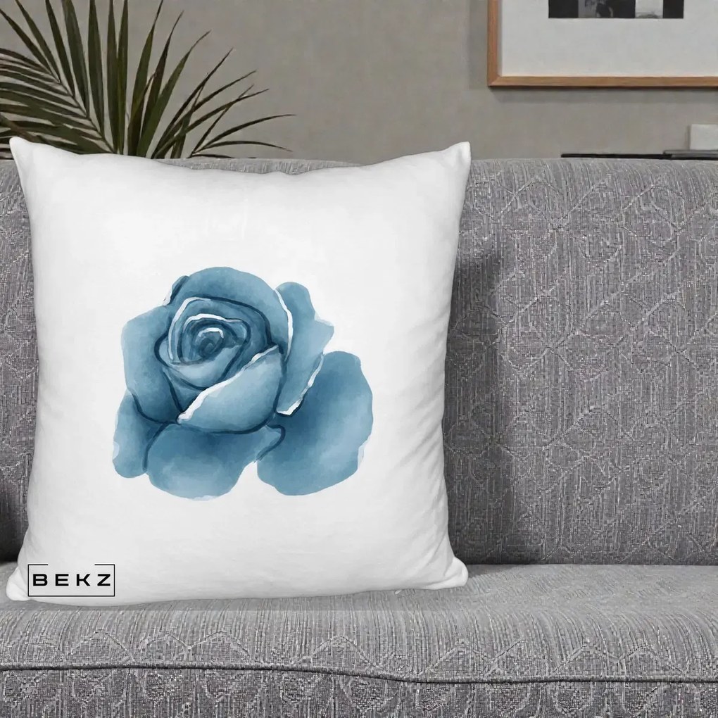Perna Decorativa Trandafir Albastru Acuarela, 40x40 cm, Alb Pufos, Husa Detasabila, Perna Inclusa, BEKZ®