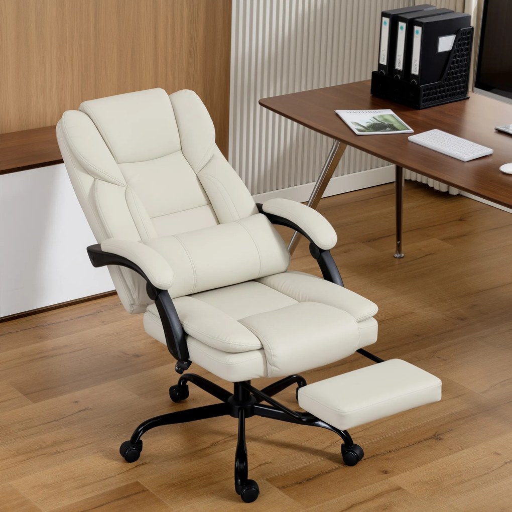 HOMCOM Scaun de birou reclinabil din piele ecologică, cu suport pentru picioare și roți, 65x67x111-119 cm, bej | Aosom Romania