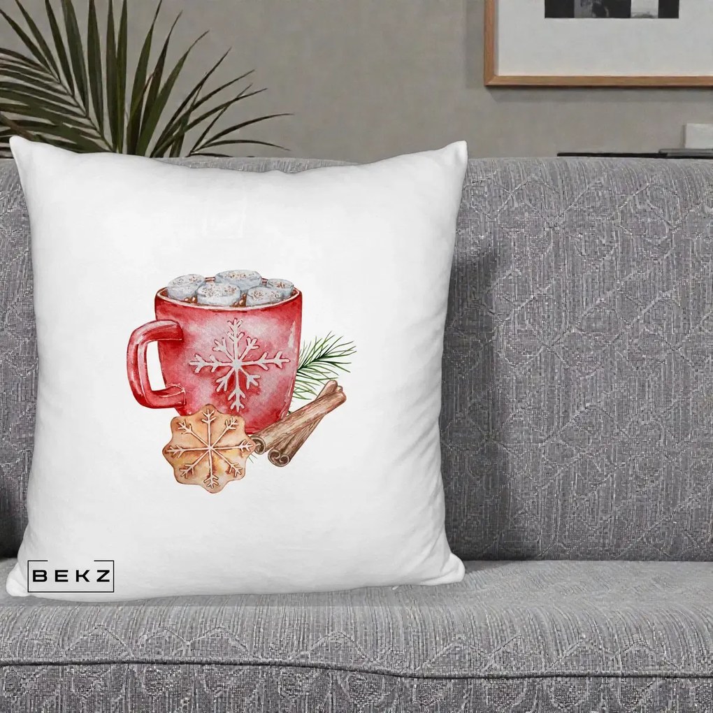 Perna Decorativa Cacao de Iarna cu Biscuit, 40x40 cm, Alb Pufos, Husa Detasabila, Perna Inclusa, BEKZ®