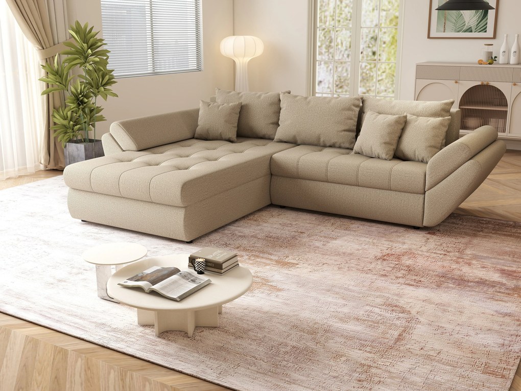 Colțar extensibil dumonde cu ladă de depozitare si sezut confortabil din spuma high-density, Loana Enjoy Camel 270x185 cm