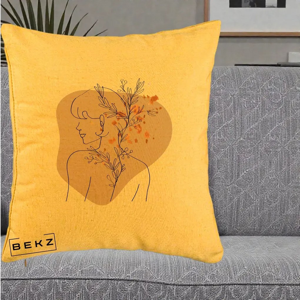 Perna Decorativa Femeie cu Flori Line Art Boho, 40x40 cm, Galben, Husa Detasabila, Perna Inclusa, BEKZ®
