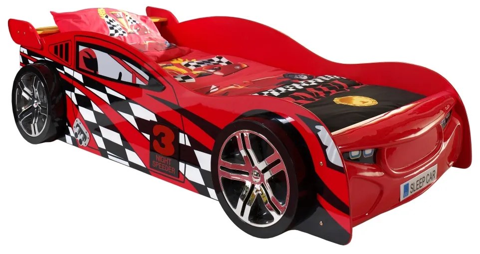 Set Cameră Auto pentru Copii: Pat Mașină de Curse NIGHT SPEEDER și Dulap Benzinărie, 2 Piese, Roșu (MDF) – Vipack