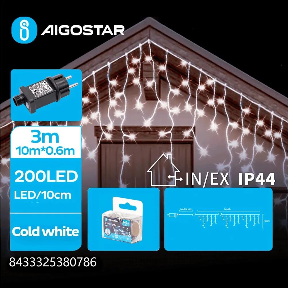 Aigostar - Ghirlandă LED de exterior pentru Crăciun 200xLED/8 moduri 13x0,6m IP44 alb rece