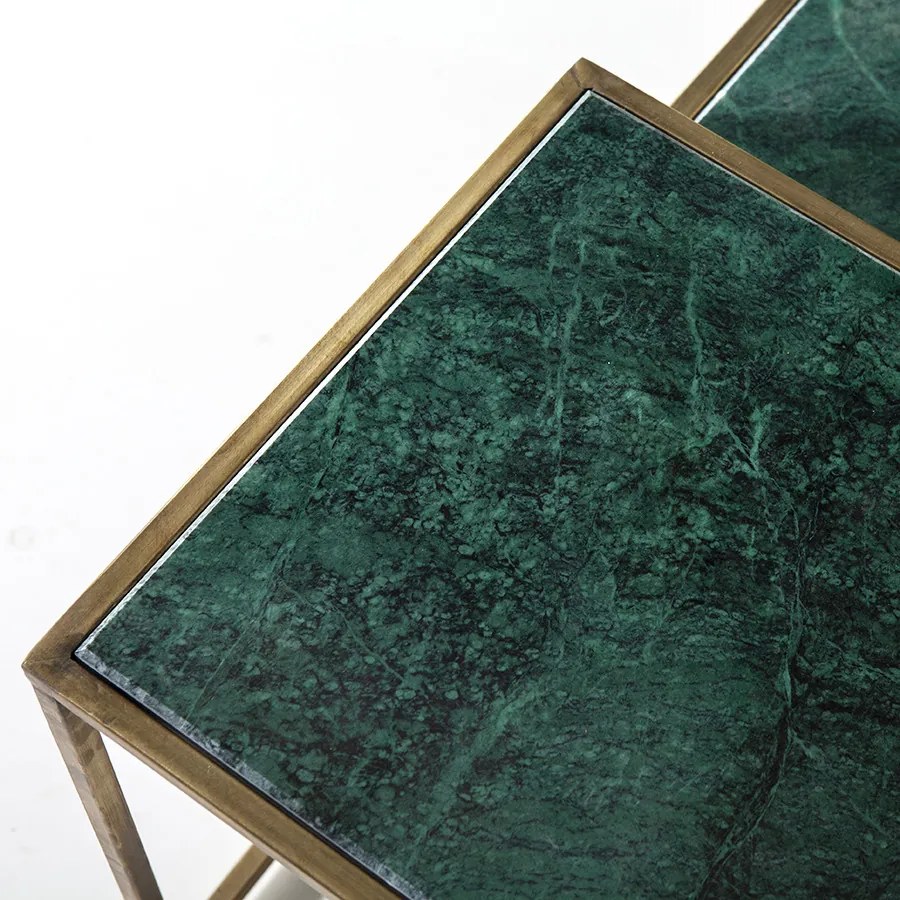 Set 3 masute de cafea patrate din marmura si metal Caesar 120x35x40 cm auriu/verde