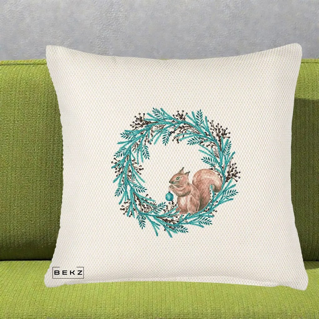 Perna Decorativa Coroana Turcoaz cu Veverita, 40x40 cm, Crem Reliefat, Husa Detasabila, Perna Inclusa, BEKZ®