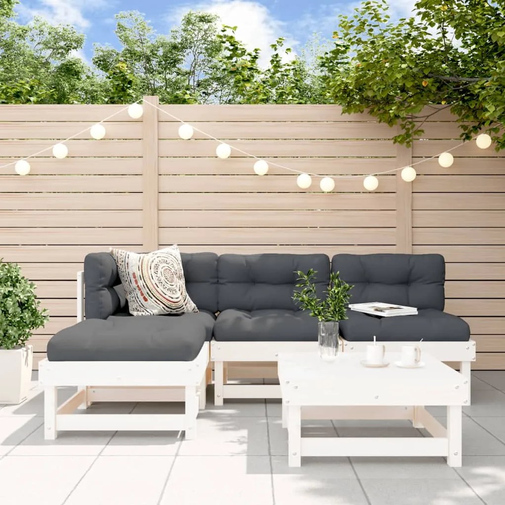 vidaXL Set mobilier de grădină cu perne, 5 piese, alb, lemn masiv