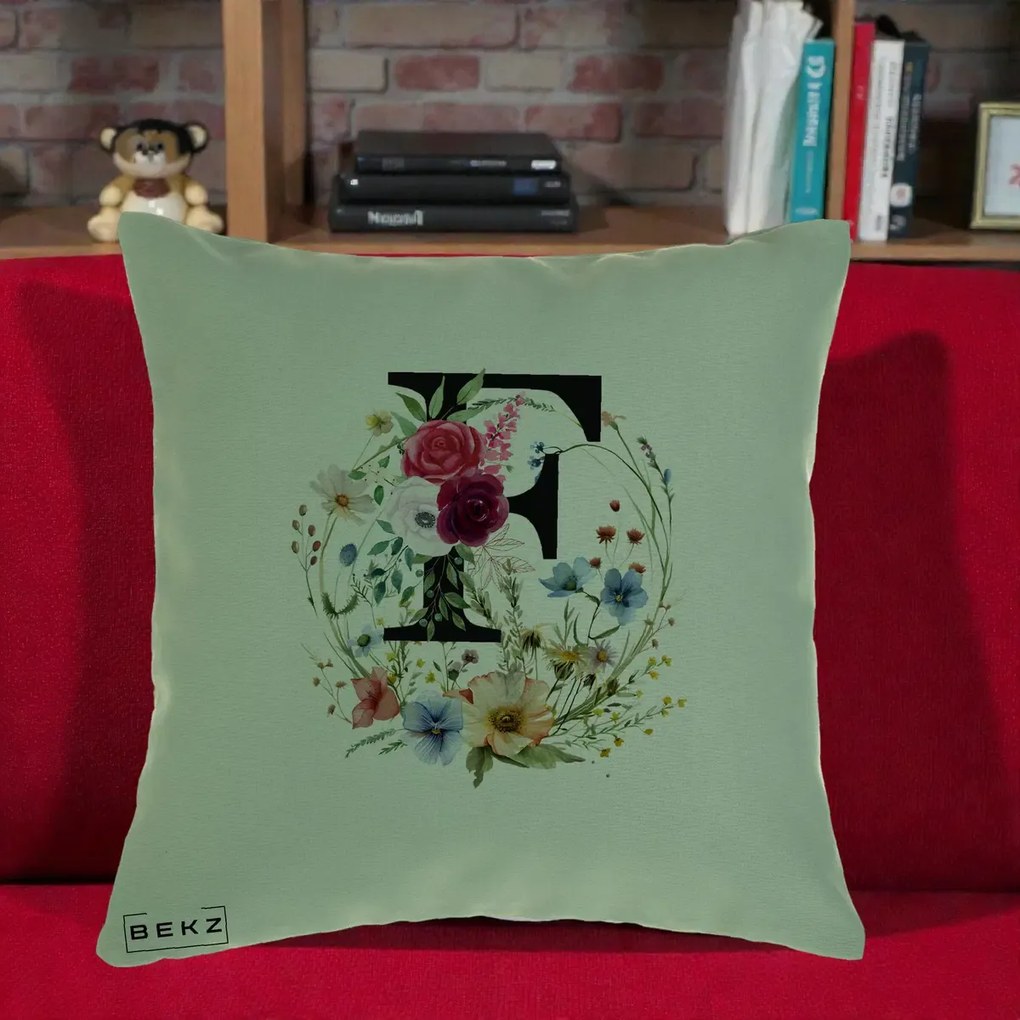 Cadou Personalizat - Perna Personalizata Monogram Litera F cu Flori Acuarela, 40x40 cm, Verde, Husa Detasabila, Perna Inclusa, BEKZ®