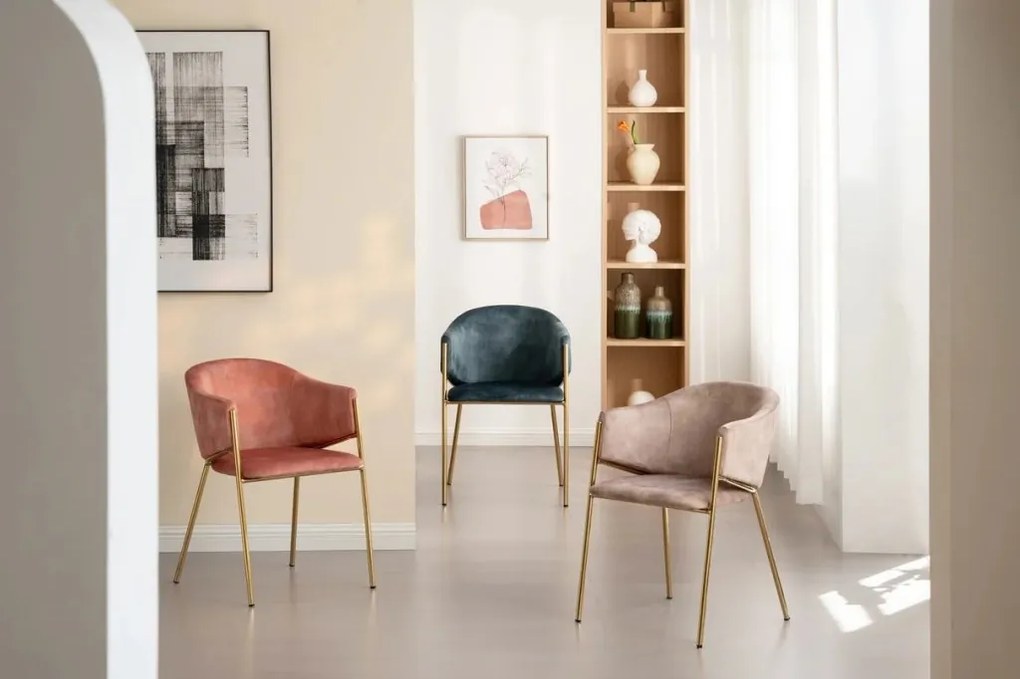 Set de 2 scaune aspect retro, Metal Auriu, Catifea Bej, NOBLESSE A-47582 VC