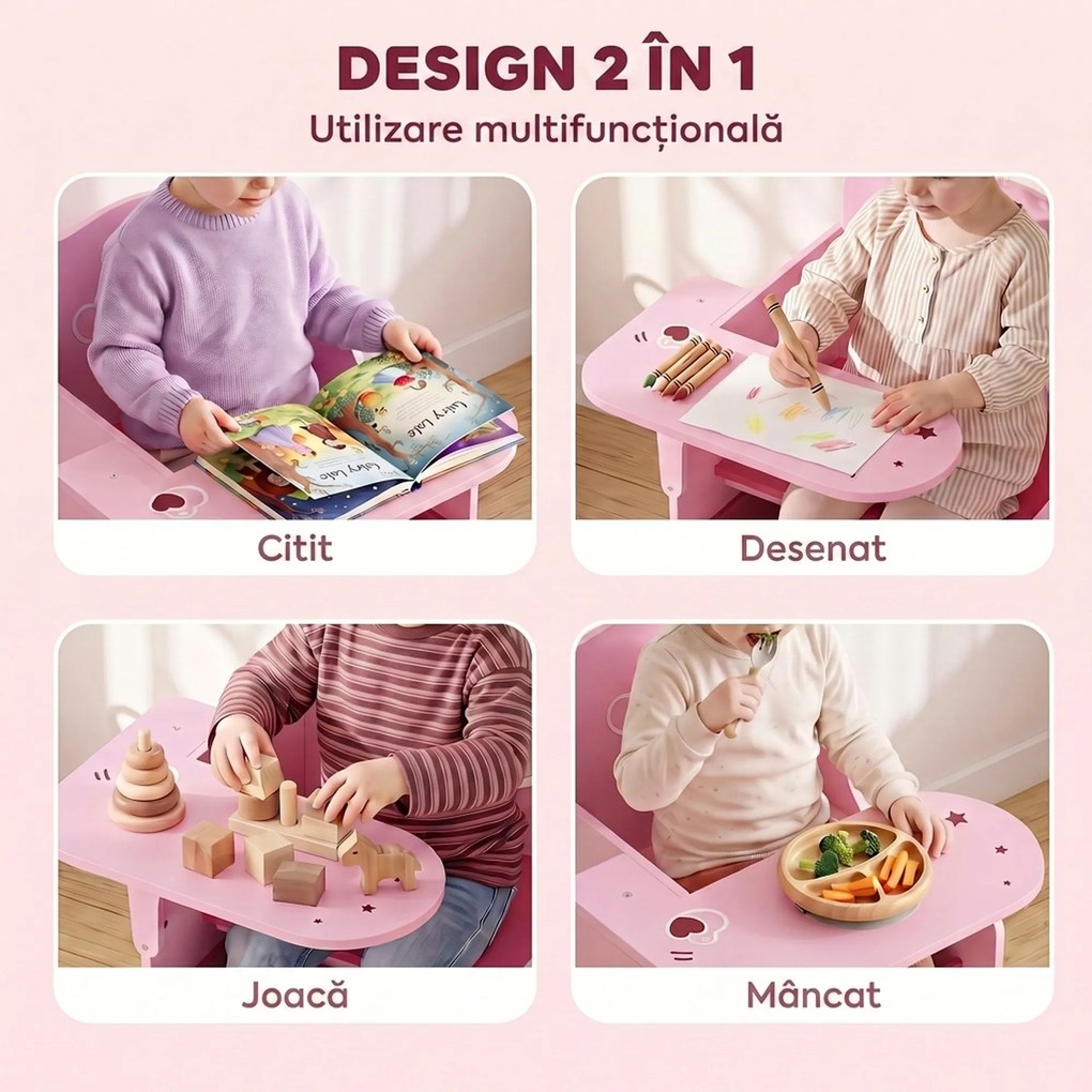 AIYAPLAY Set Masă și Scaune pentru Copii pentru 3-5 Ani cu Spațiu de Depozitare, Roz | Aosom Romania