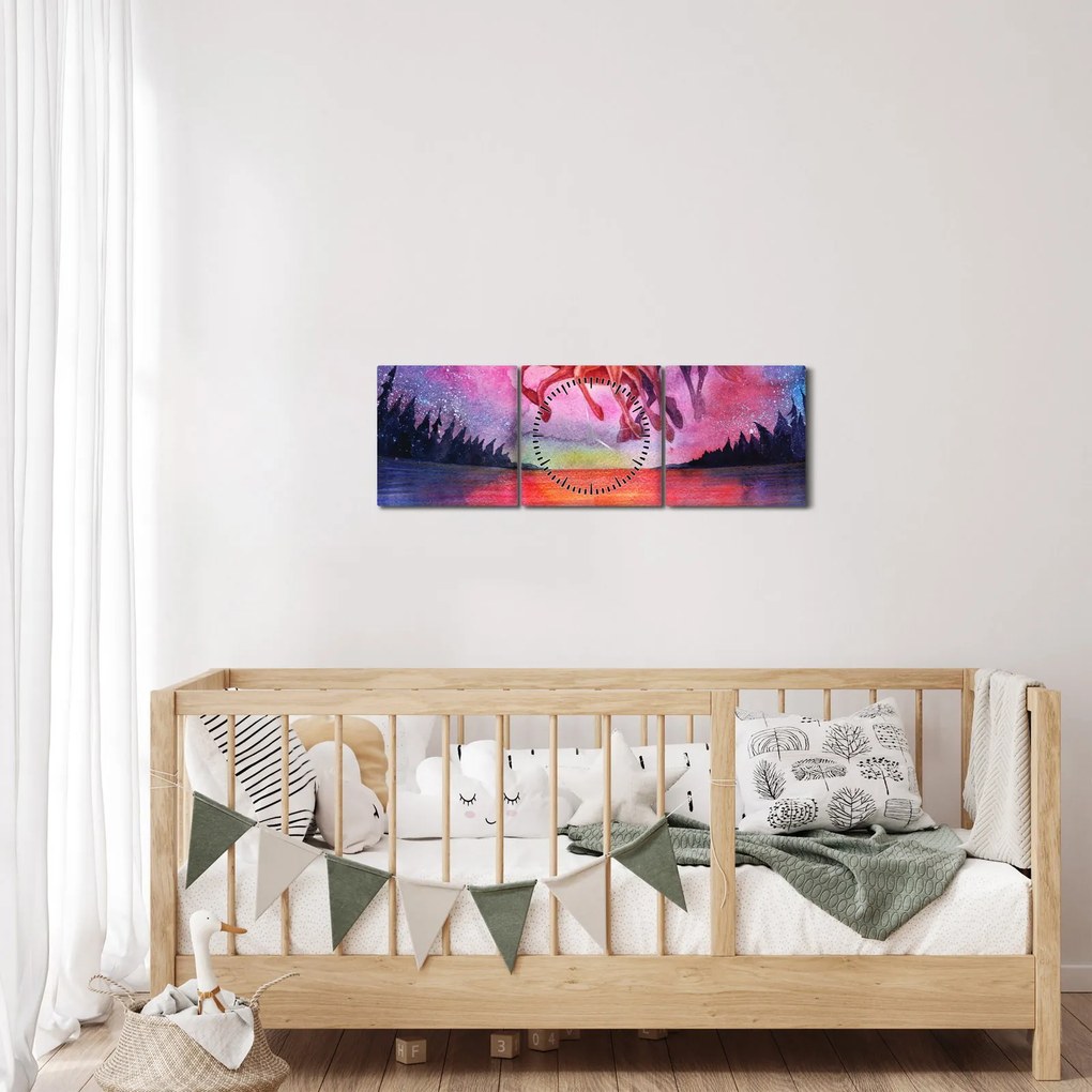 Tablou - Apariția cailor spațiali peste lac, acuarelă (cu ceas) (90x30 cm)