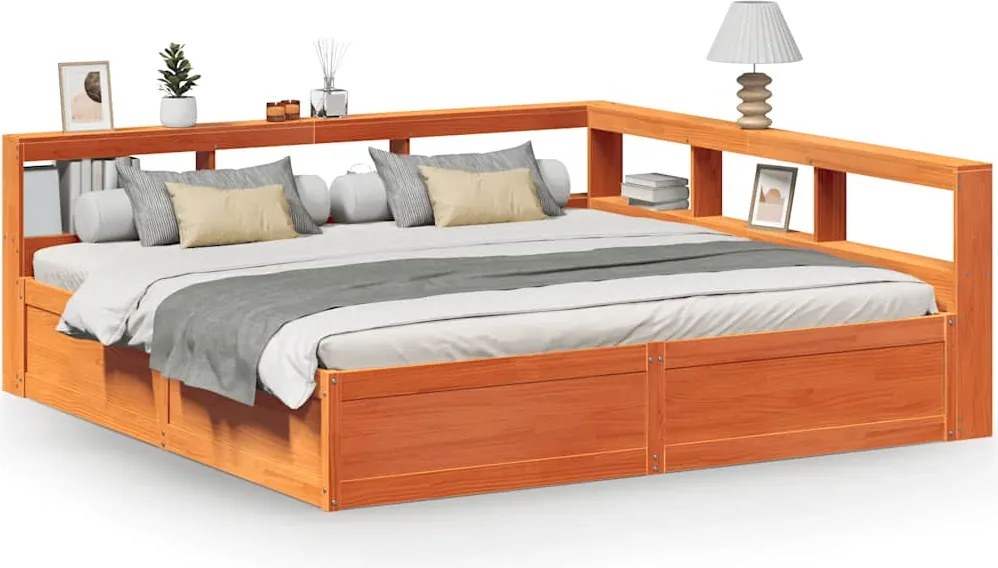 vidaXL Pat cu bibliotecă fără saltea maro 200x200 cm lemn masiv de pin