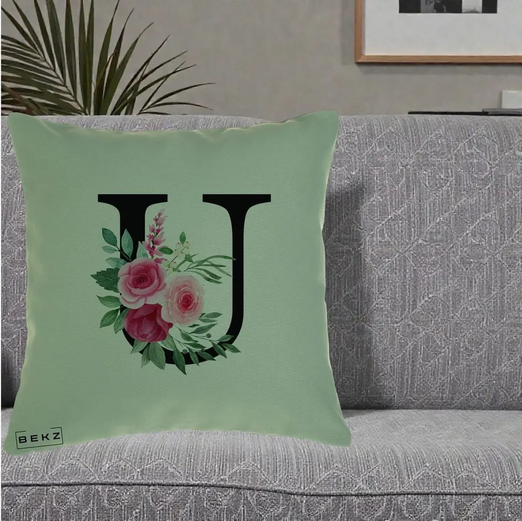 Cadou Personalizat - Perna Personalizata Monograma Florala Litera U, 40x40 cm, Verde, Husa Detasabila, Perna Inclusa, BEKZ®