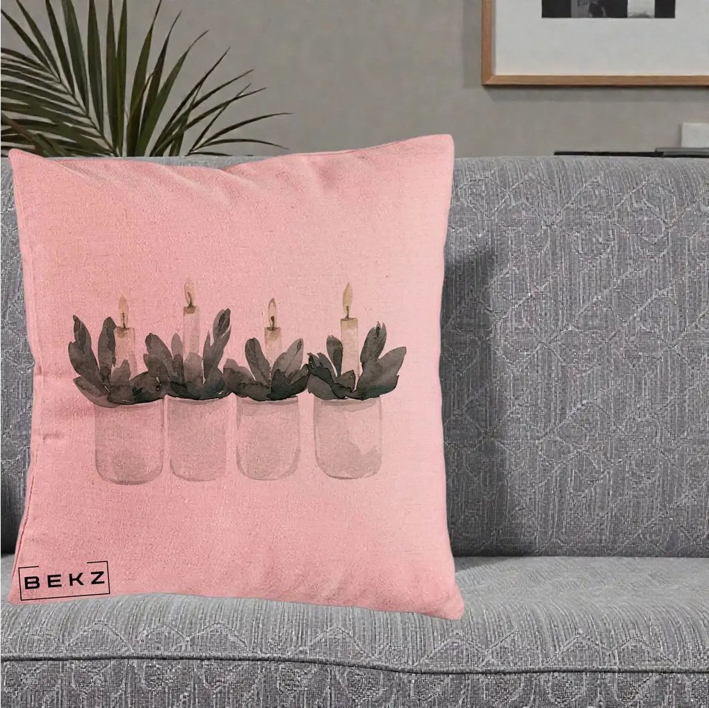 Perna Decorativa Lumanari in Borcane cu Eucalipt, 40x40 cm, Roz, Husa Detasabila, Perna Inclusa, BEKZ®