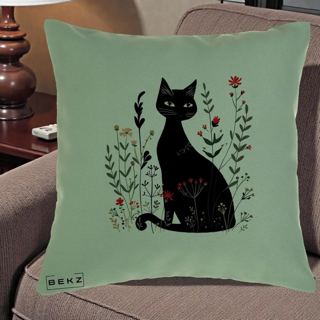 Perna Decorativa Pisica Neagra Botanica Rosu-Gri, 40x40 cm, Verde, Husa Detasabila, Perna Inclusa, BEKZ®