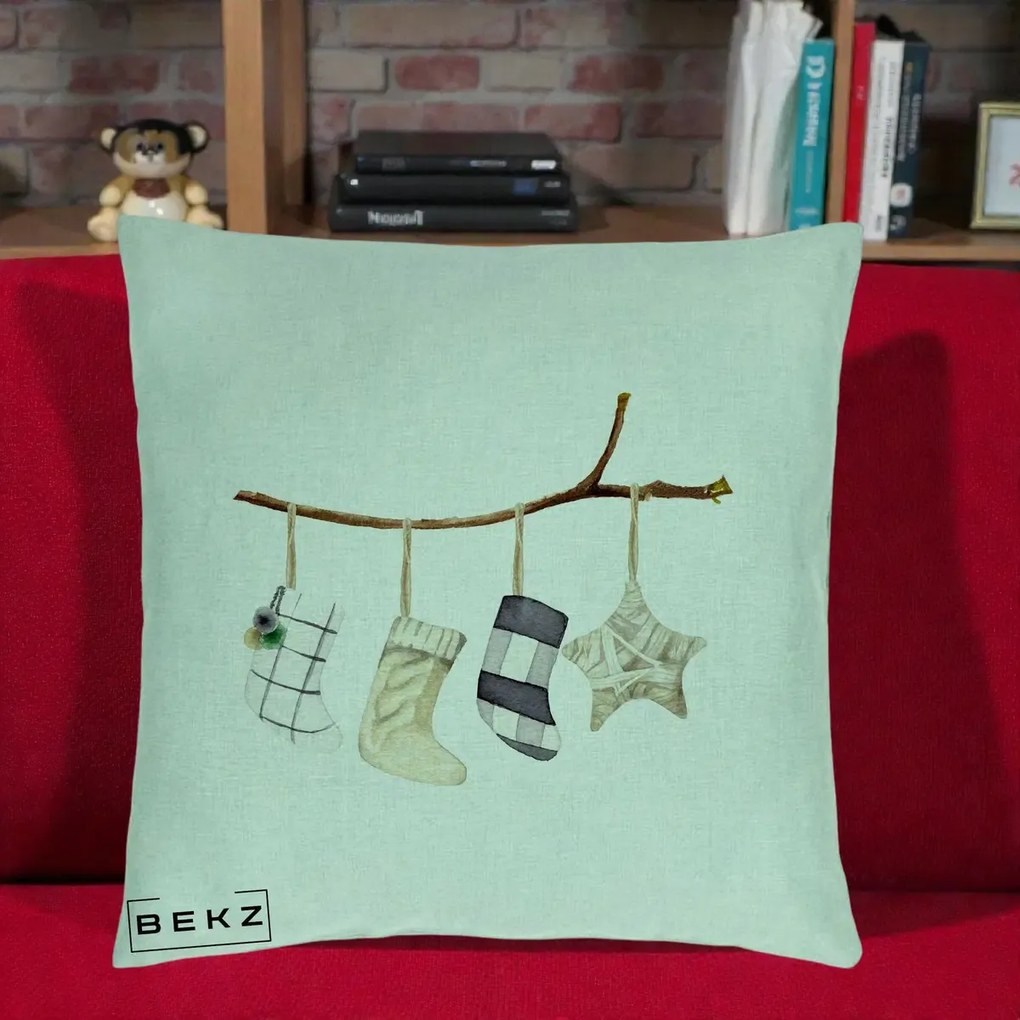 Perna Decorativa Ciorapi de Craciun pe Ramura, 40x40 cm, Verde Menta, Husa Detasabila, Perna Inclusa, BEKZ®
