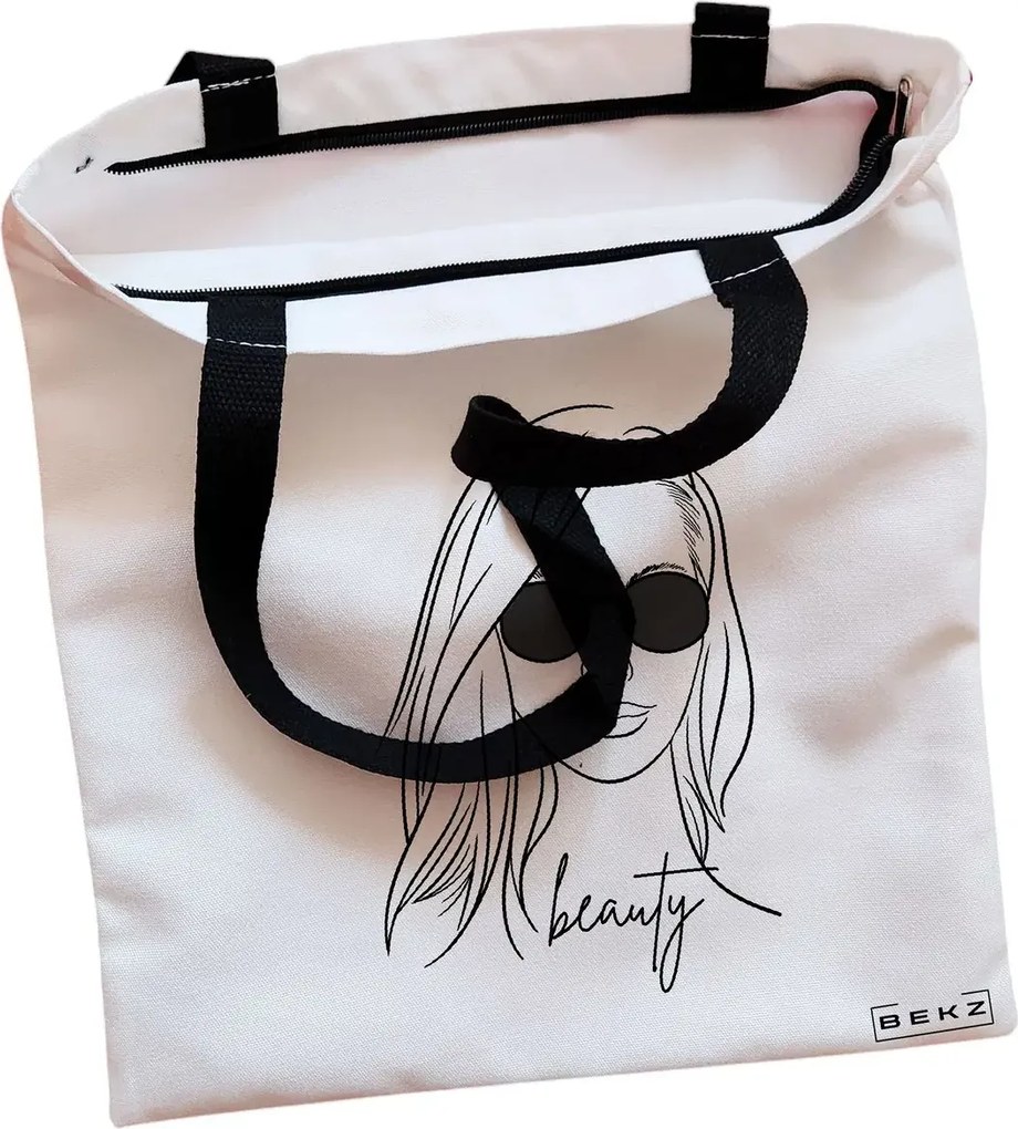 Sacosa de Panza pentru Cumparaturi, Geanta Tote, model Beauty Girl, Cu fermoar, 38x34.5 cm, Alba, BEKZ®