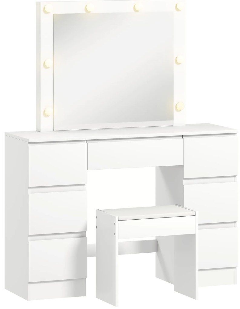HOMCOM Masă de Machiaj cu Oglindă, 8 Lumini LED, Scaun și 7 Sertare Alb | Aosom Romania