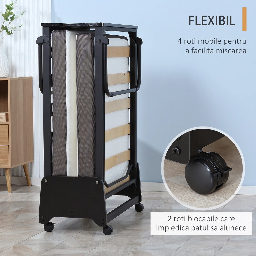 Pat pliant cu saltea de 10 cm inaltime HOMCOM, pentru o persoana cu roti si lamele, 80x200cm, negru | Aosom RO