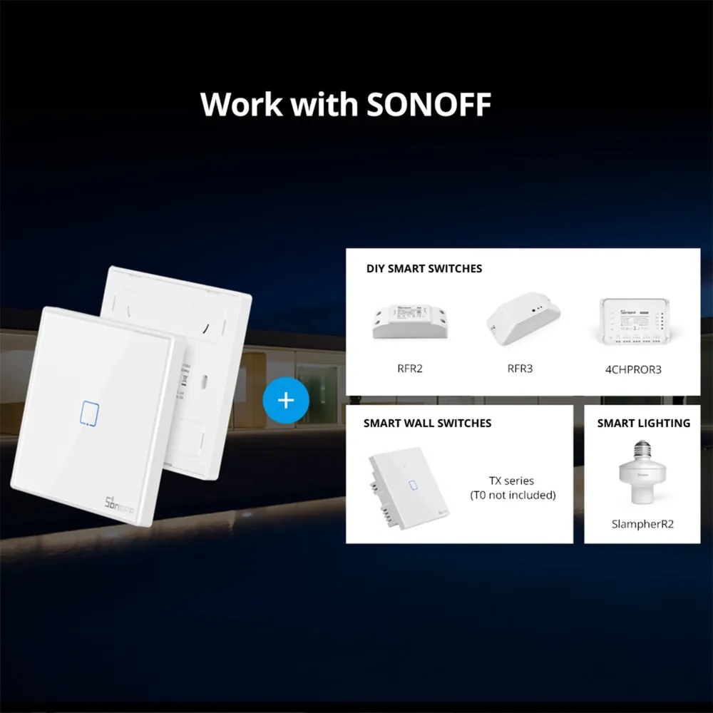 Telecomanda Wireless Sonoff T2EU2C-RF, 2 canale, RF, sticla securizata, alba