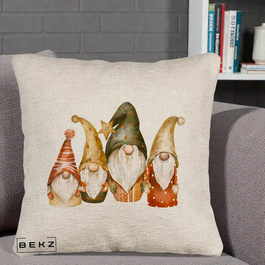 Perna Decorativa Gnomi de Craciun Patru, 40x40 cm, Bej Canapea, Husa Detasabila, Perna Inclusa, BEKZ®
