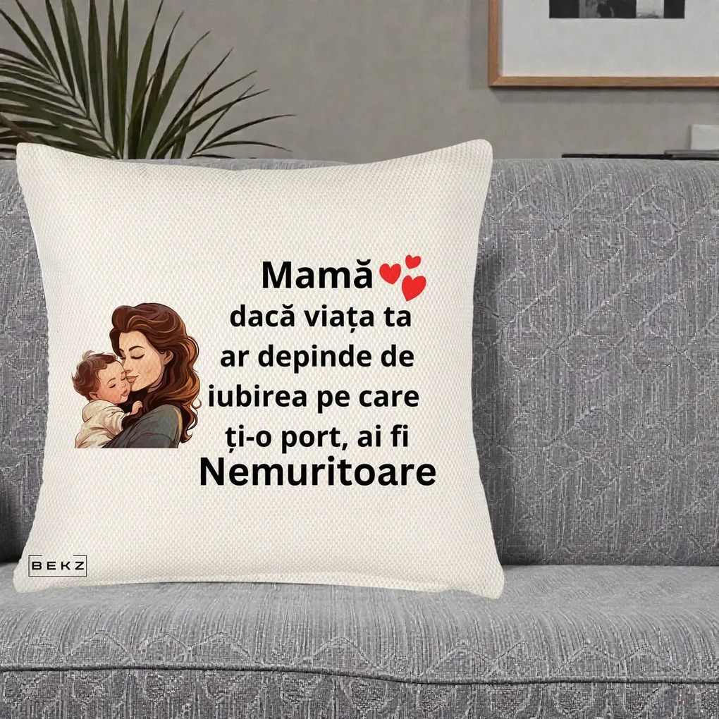 Cadou pentru Mama - Perna Personalizata Mama Nemuritoare cu Bebelus Lineart, 40x40 cm, Crem Reliefat, Husa Detasabila, Perna Inclusa, BEKZ®