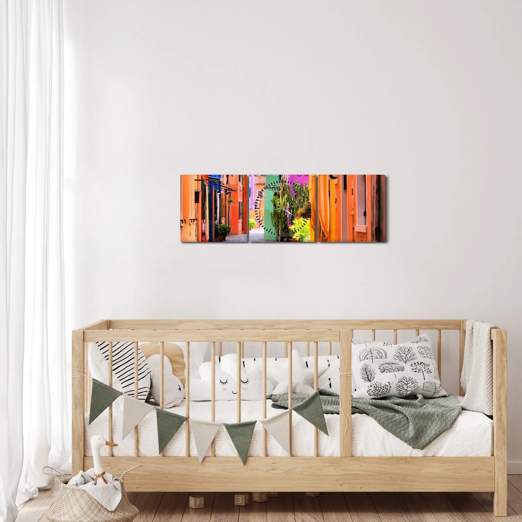 Tablou cu străduță colorata italiană (cu ceas) (90x30 cm)