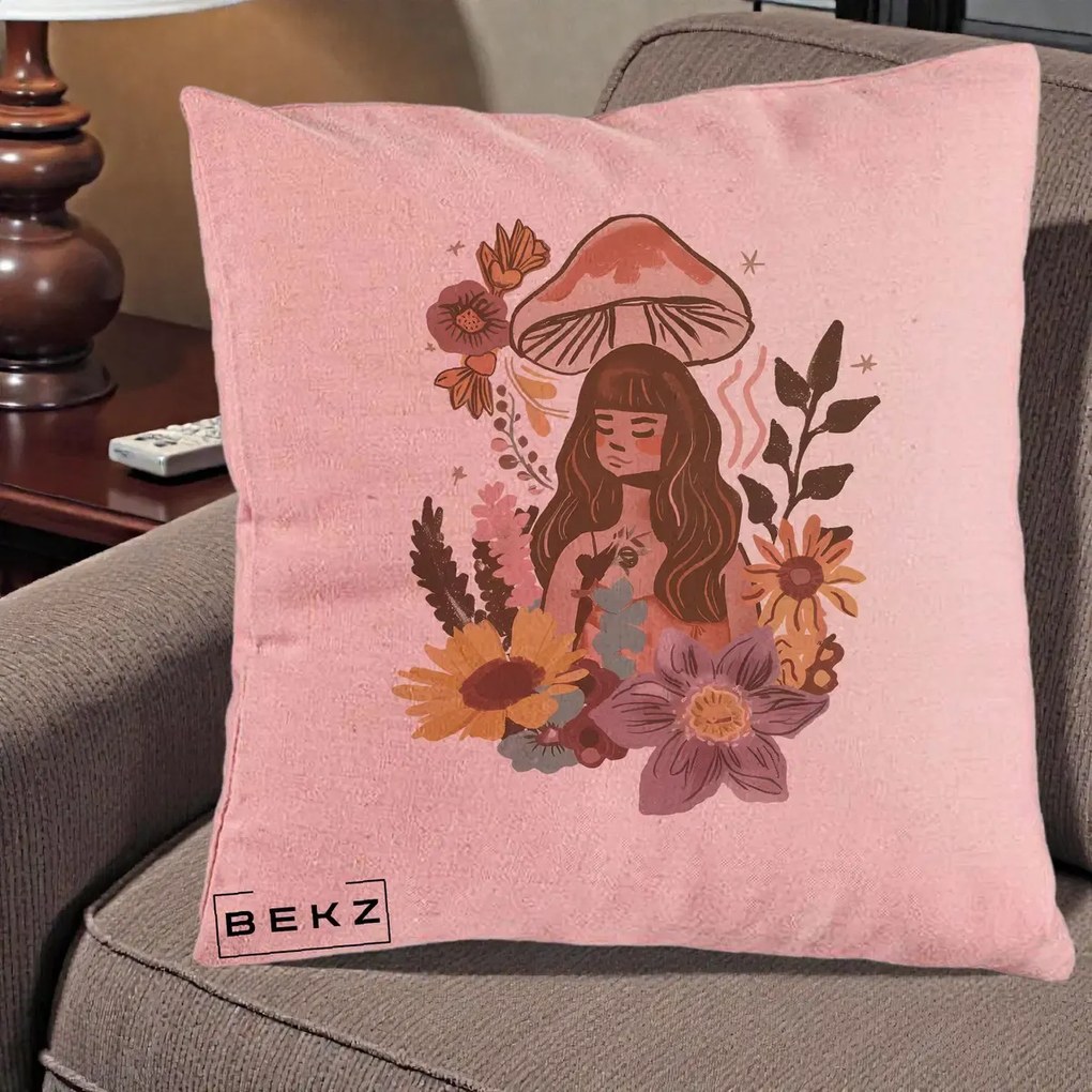 Perna Decorativa Fata Ciuperca Boho Florala, 40x40 cm, Roz, Husa Detasabila, Perna Inclusa, BEKZ®