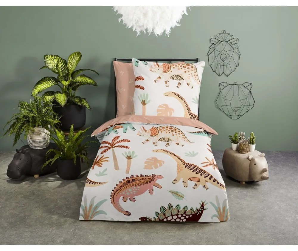 Lenjerie de pat pentru copii maro-bej din bumbac pentru pat de o persoană 140x200 cm Dino – Good Morning