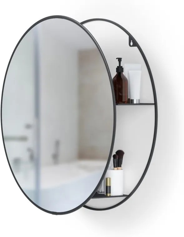 Oglindă rotundă de perete cu raft metalic Umbra Cirko, negru