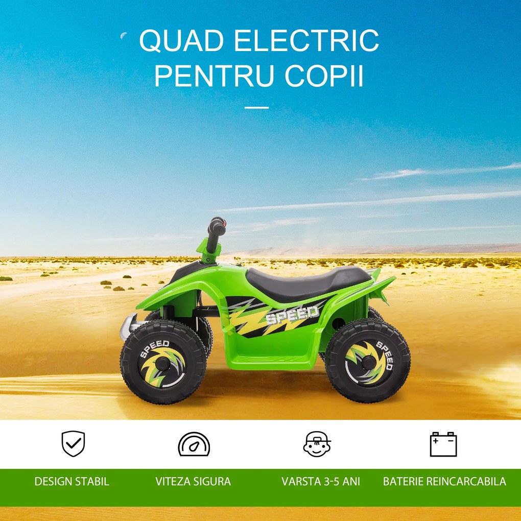 ATV Copii Electric HOMCOM cu Baterie Incarcabila 6V, Viteza 2,8-4,6km/h, Varsta 3-5 Ani, 72x40x45,5cm, Verde | Aosom Romania