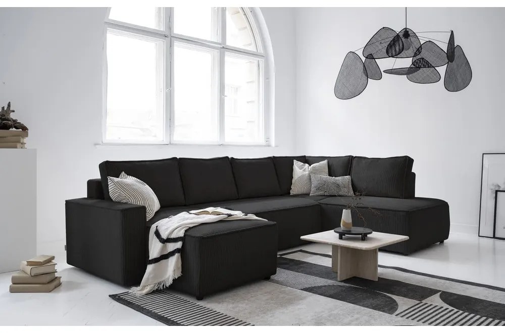 Colțar gri antracit extensibil cu tapițerie din catifea reiată (cu colț pe partea dreaptă/în formă de "U") Brave Dave – Miuform