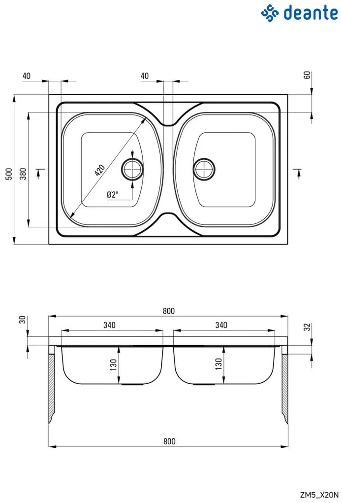 Chiuvetă din inox, 2-cuve - pe mască, Tango, ZM5_020N