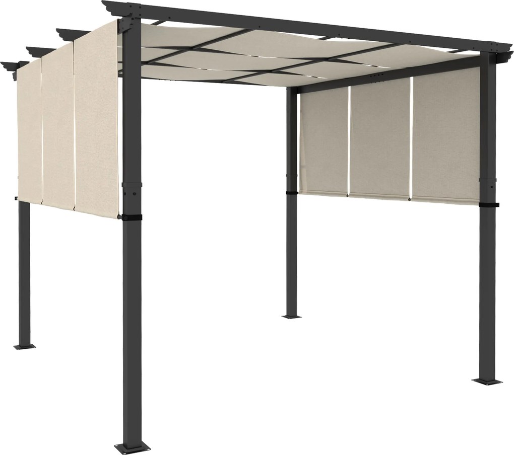 Outsunny Pergolă cu 3 țesături glisante 3 x 3 x 2,38 m structură din oțel negru țesătură poliester de înaltă densitate bej | Aosom Romania
