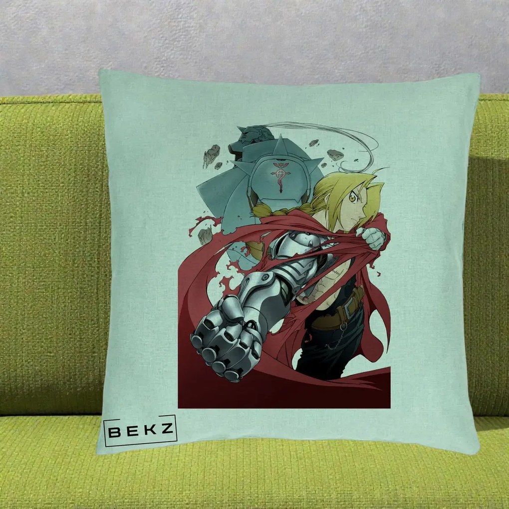 Perna Personalizata Fullmetal Alchemist Brotherhood Edward si Al Poster, 40x40 cm, Verde Menta, Husa Detasabila, Perna Inclusa, BEKZ®