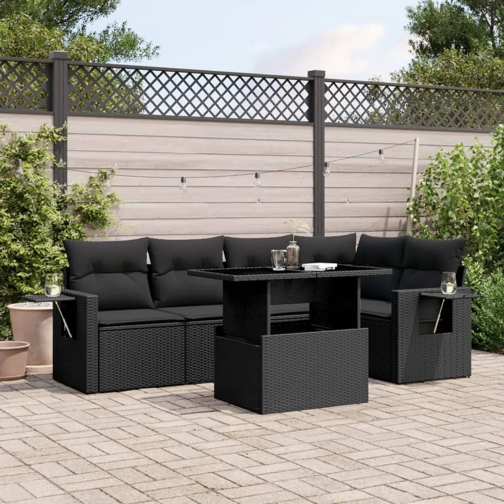 3267885 vidaXL Set mobilier de grădină cu perne, 6 piese, negru, poliratan